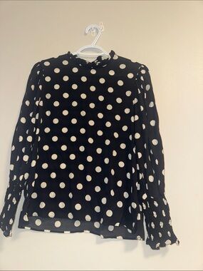 Zara Dark Blue Polka Dot Long Sleeve Ruffled Neck Blouse